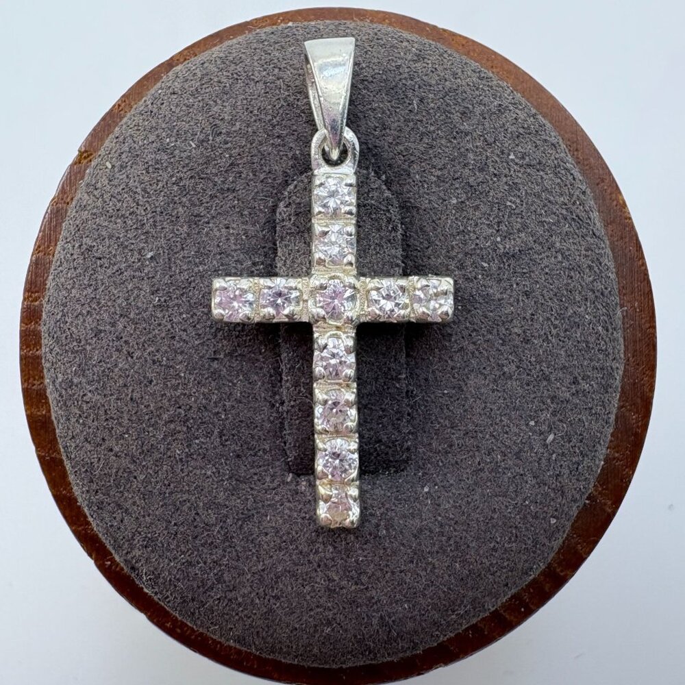 Cubic Zirconia Cross Pendant VTG Solid Sterling Silver 925 Size 1.25" Length